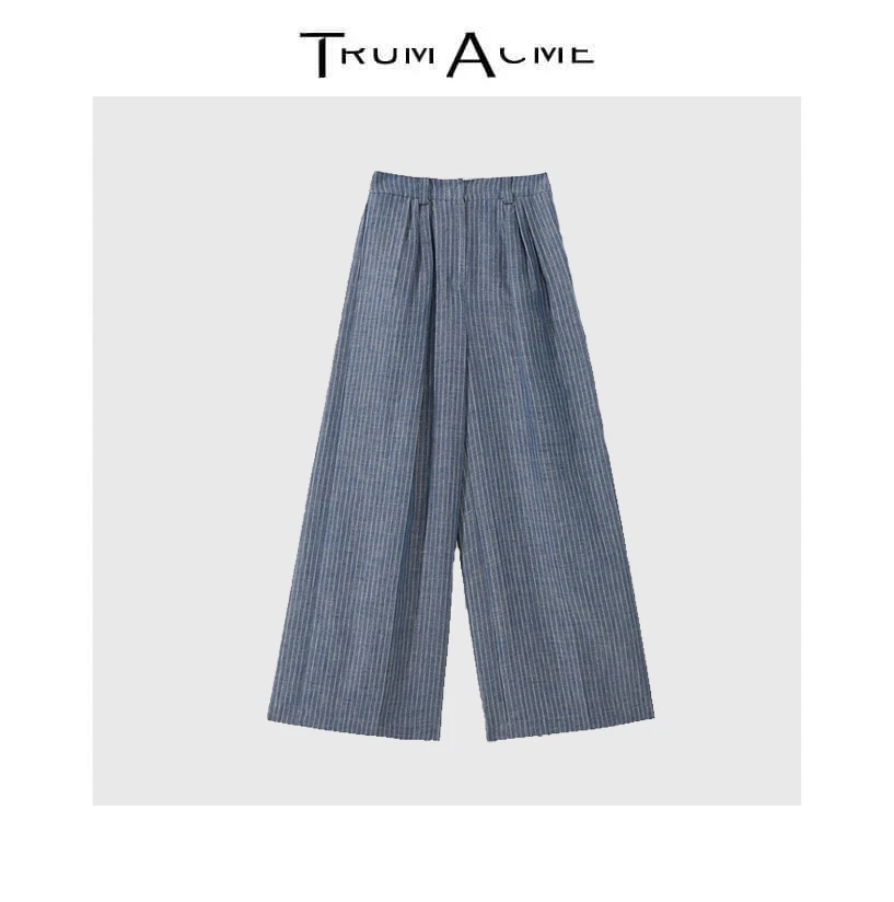TrumAcme~气质高腰老钱亚麻直筒阔腿裤长裤休闲宽松垂感条纹裤女