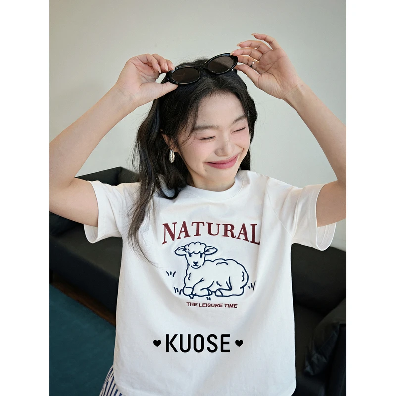 阔色可爱立体绵羊印花字母T恤2025春夏季新款小众上衣KSD2503008