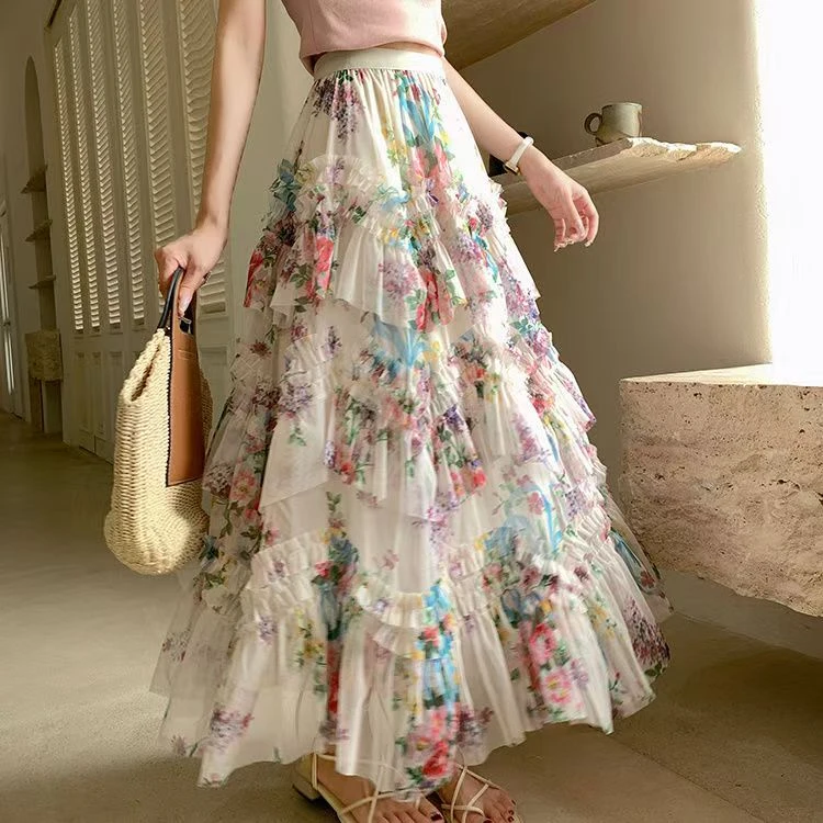 法式超仙蕾丝边拼接镂空网纱半身裙女春季2025高腰褶皱层层蛋糕裙