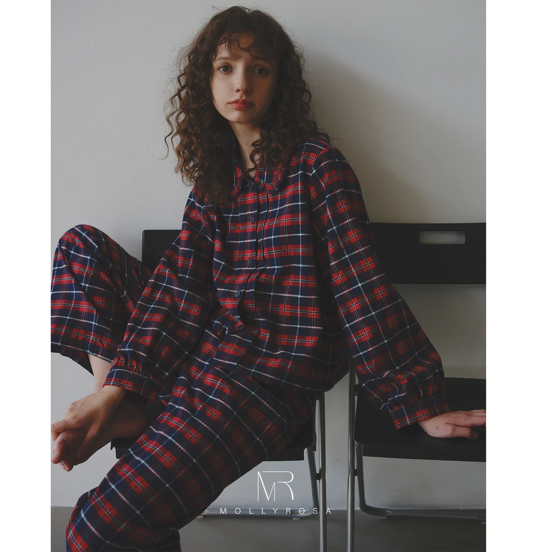 高地红格·高克重纯棉加厚秋冬经典格子家居服套装睡衣可外穿女士