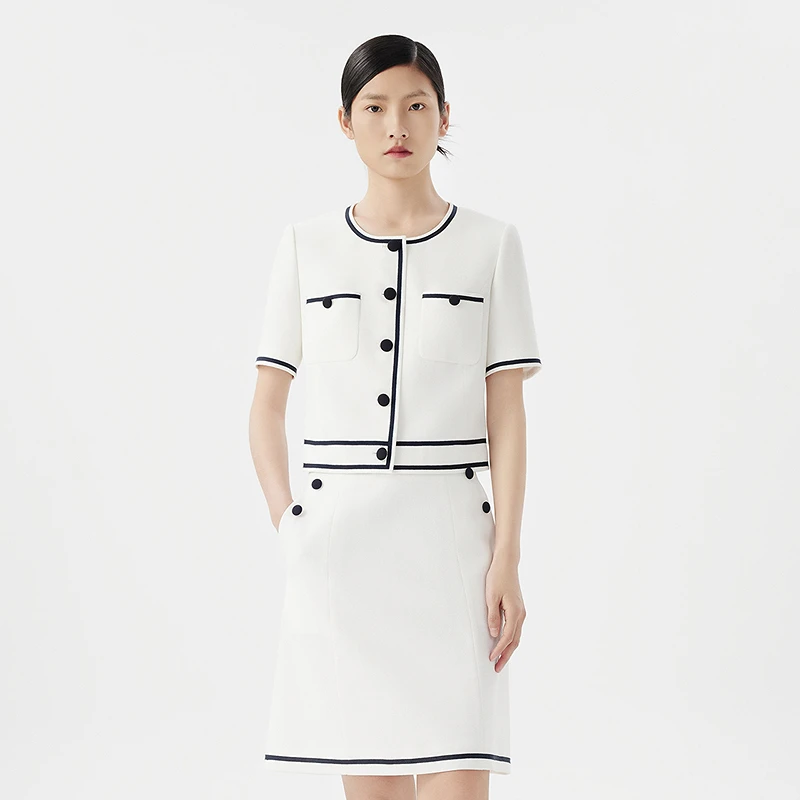 LANCY/朗姿2024夏季白色撞色小香风短外套法式优雅圆领外搭上衣女