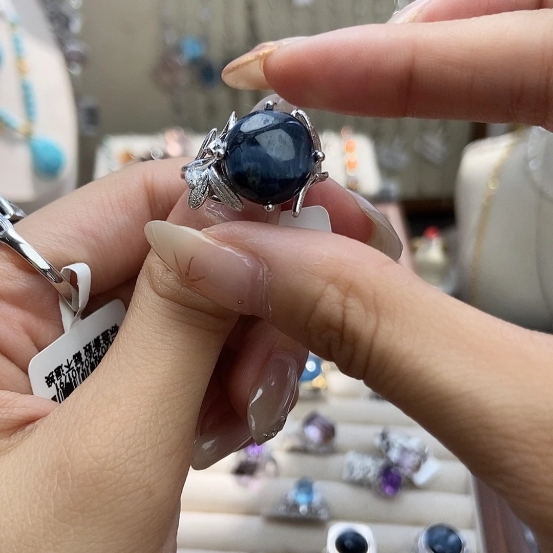 落***海水晶戒指银S925镶嵌彼得石叶子230