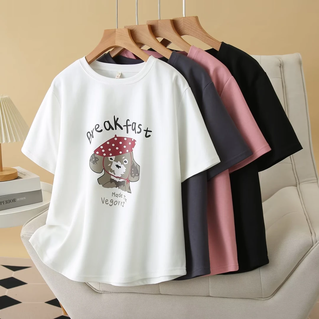 大码女装休闲百搭显瘦减龄印花圆领T恤夏季新款宽松藏肉短袖上衣