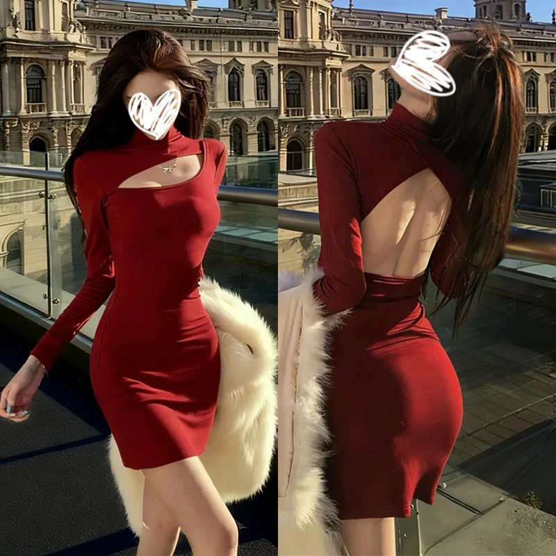 圣诞战袍性感镂空半高领长袖连衣裙女秋冬新年红色露背包臀短裙子