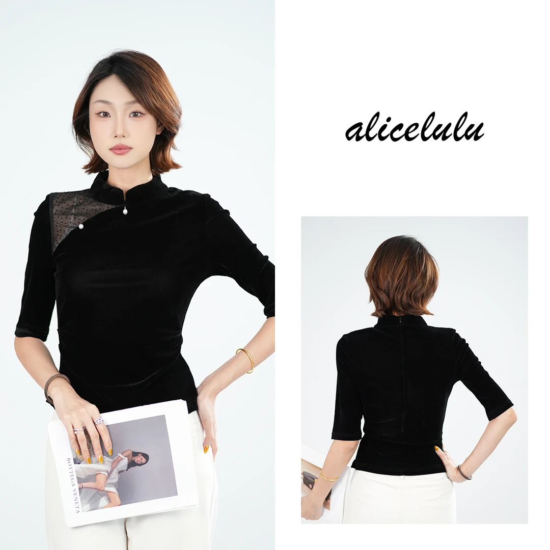 [alicelulu] 超好看女人味丝绒蕾丝拼接收腰线衬衫S2144628T