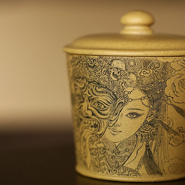 青牧山房×杯研所 | 扎基拉姆 藏密女财神 唐卡级细刻 盖杯 200cc