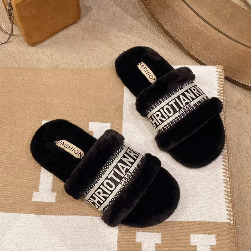 【甜一补贴】平底字母毛毛拖鞋女2024秋冬季时尚气质一字百搭棉拖鞋