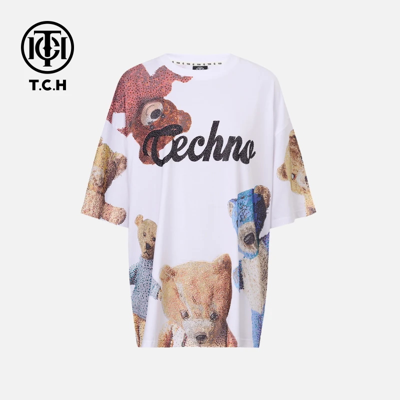 TCH私服烫钻工艺时尚休闲百搭气质小熊T恤女T75C10E9027轻奢tch