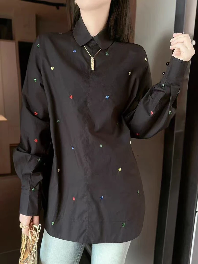 2499 休闲刺绣春秋衬衫厚款百搭娃娃领外套长袖简约通勤