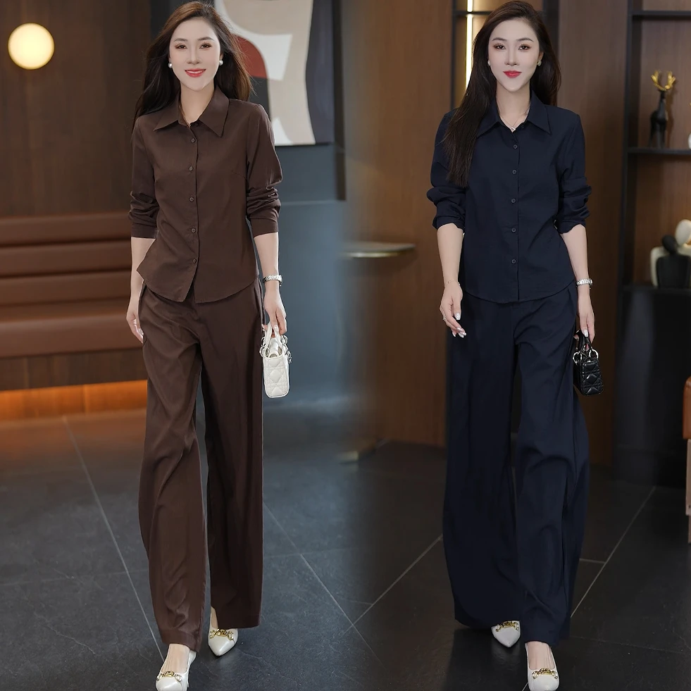 时尚套装女2025秋季新款洋气减龄显瘦长袖气质衬衫阔腿裤两件套潮
