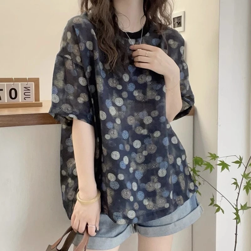 彩色波点娃娃衫印花别致薄款短袖T恤女夏气质大码雪纺衫宽松上衣