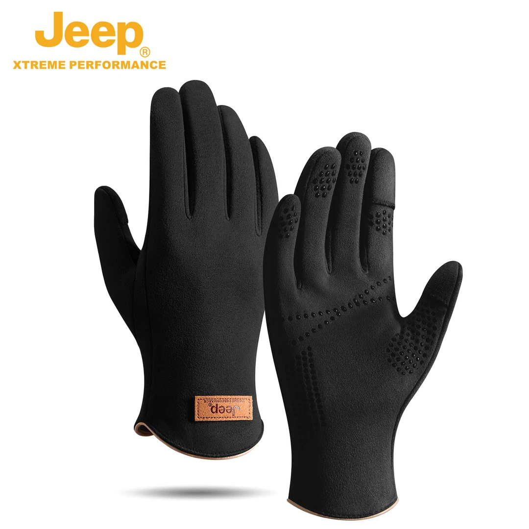 jeep吉普男士骑行手套冬季麂皮绒保暖神器加绒防风防寒可触屏男冬