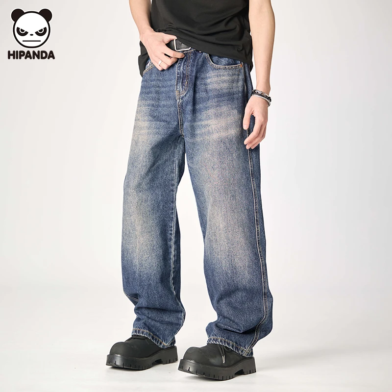 Hi Panda牛仔裤百搭复古风夏季爆款猫须个性后袋设计男款直筒长裤