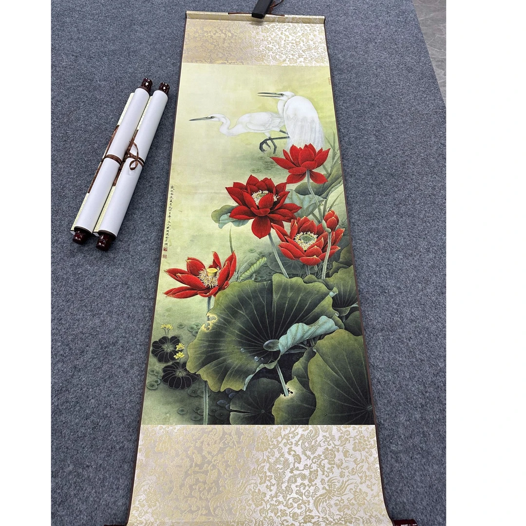 精装140*45《红荷双鹭》居家软装卷轴画