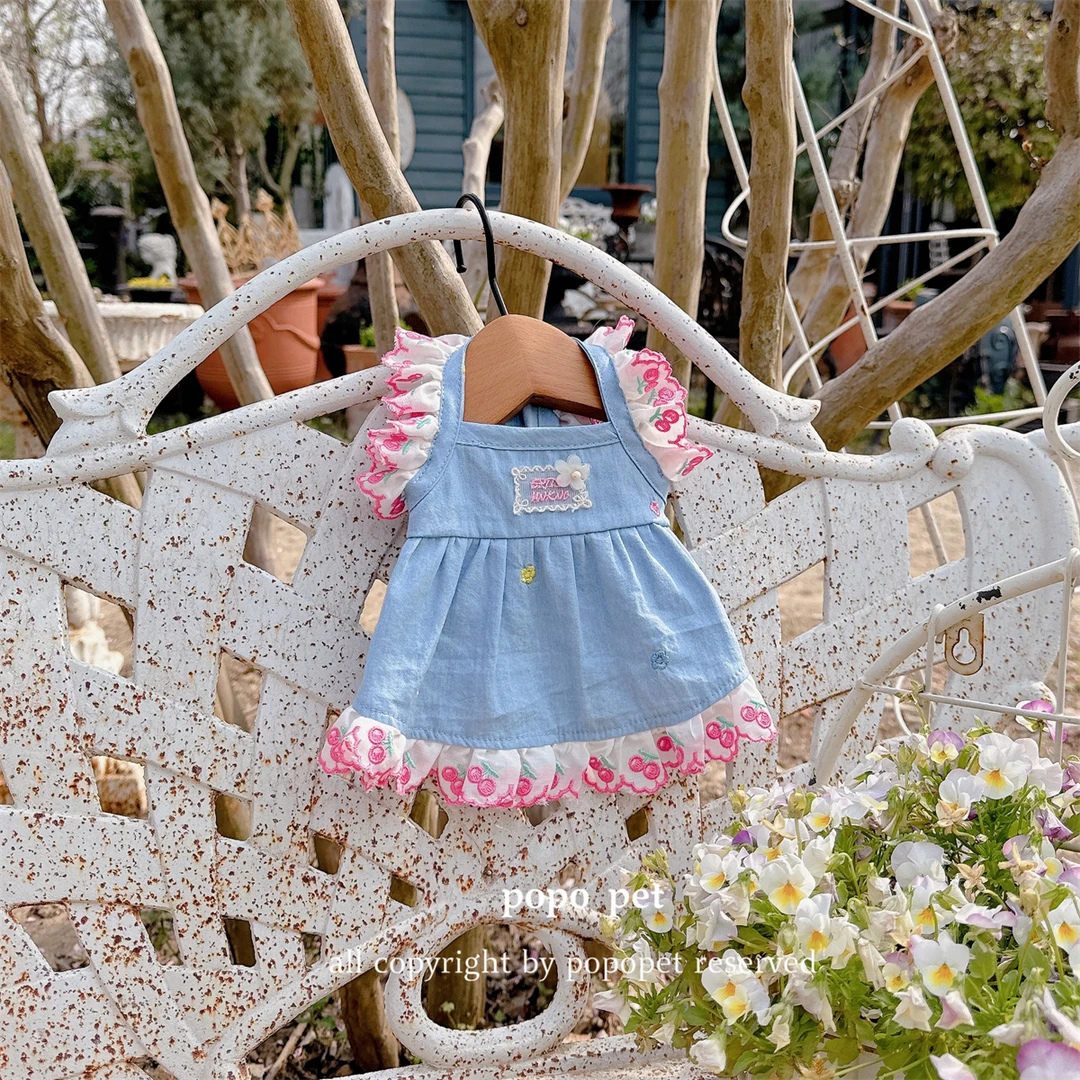 复古樱桃牛仔裙!轻薄透气 飞袖花边 春夏宠物衣服猫咪狗狗背心裙