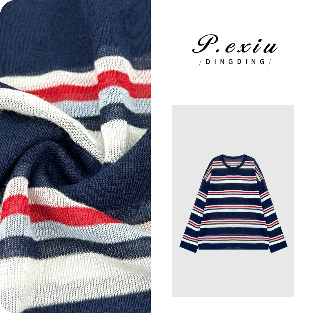 PanYiXiu/潘依绣人丝亚麻学院风彩色条纹长袖针织上衣ZZ0882