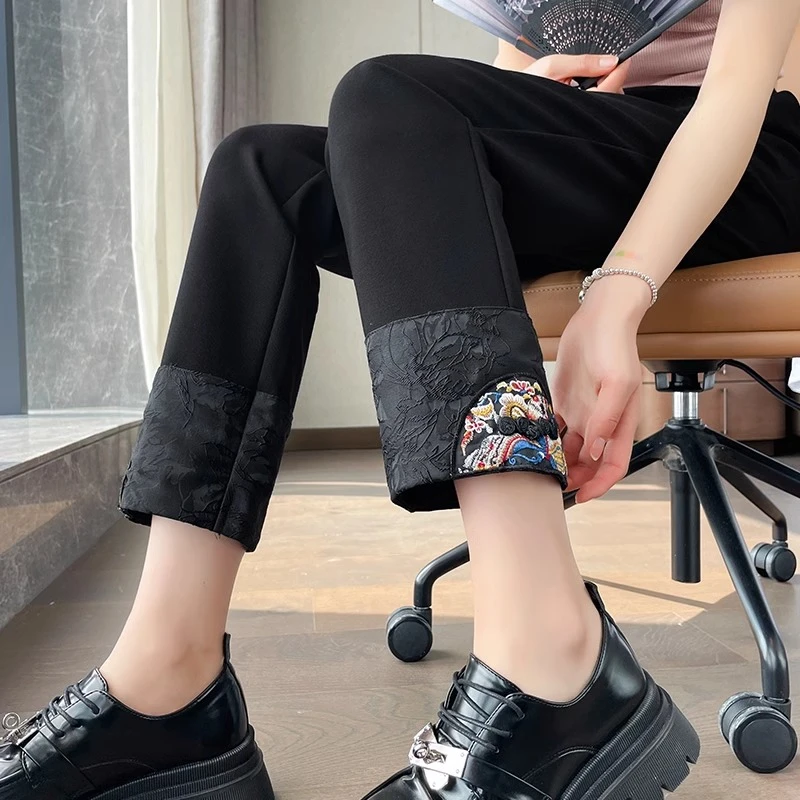 国风新潮九分直筒裤女夏季薄款高腰显瘦新中式刺绣小个子烟管裤潮