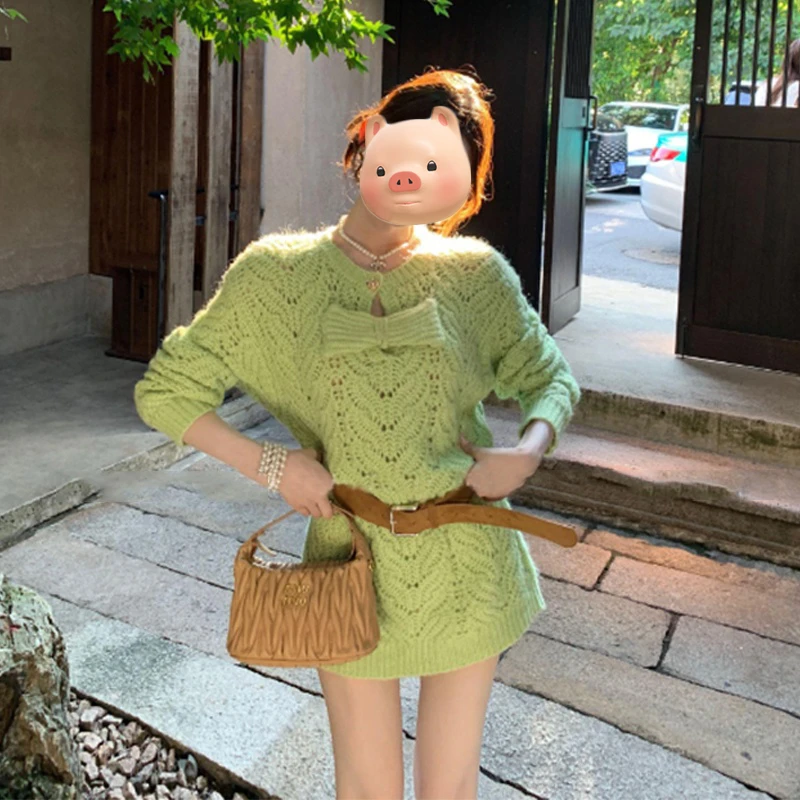 绿色镂空蝴蝶结套头中长款毛衣女秋冬季慵懒风针织衫早秋chic上衣