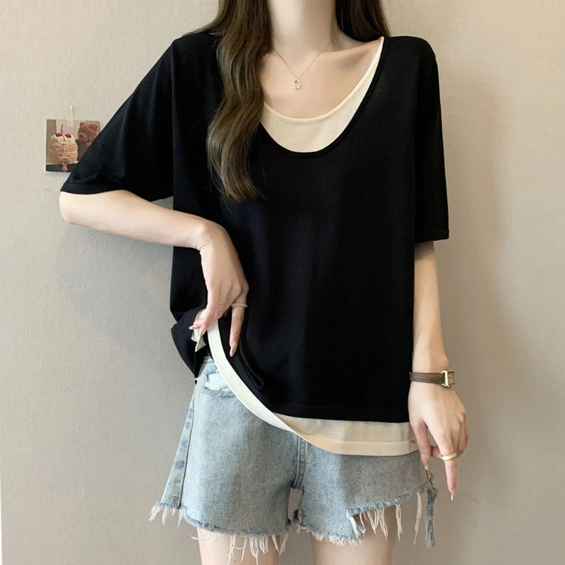 大码女装遮肚子假两件冰丝打底衫女夏季胖妹妹宽松显瘦短袖针织衫