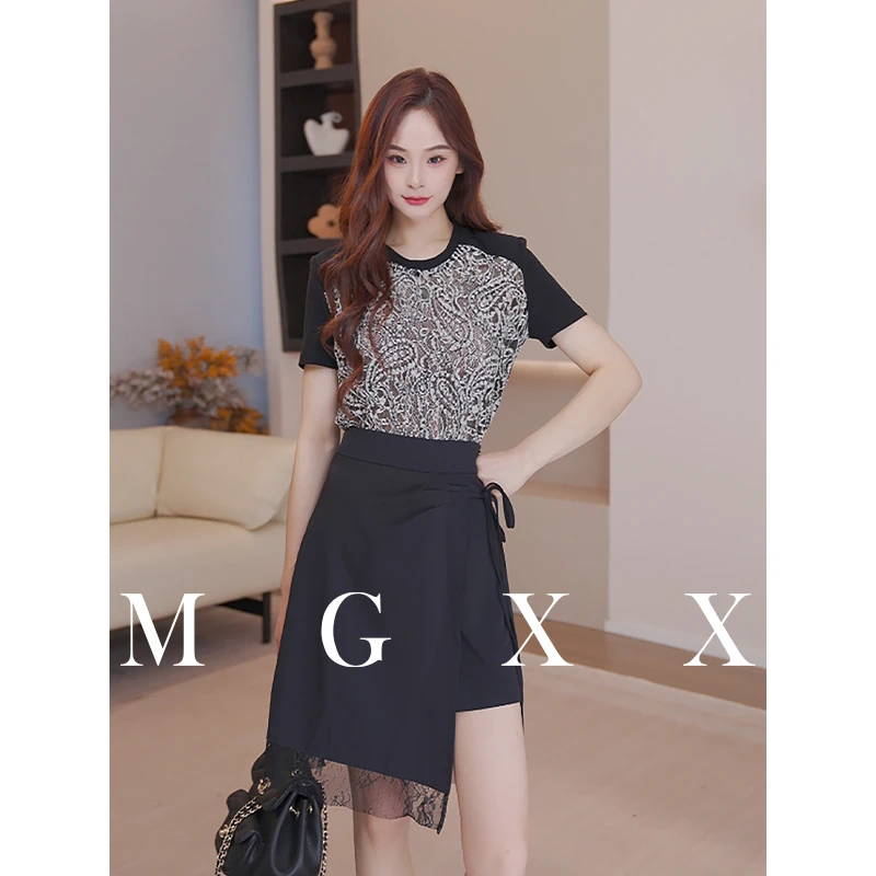 MG小象【MG现货】复古佩斯利蕾丝显瘦气质高腰拼接连衣裙M825X12540