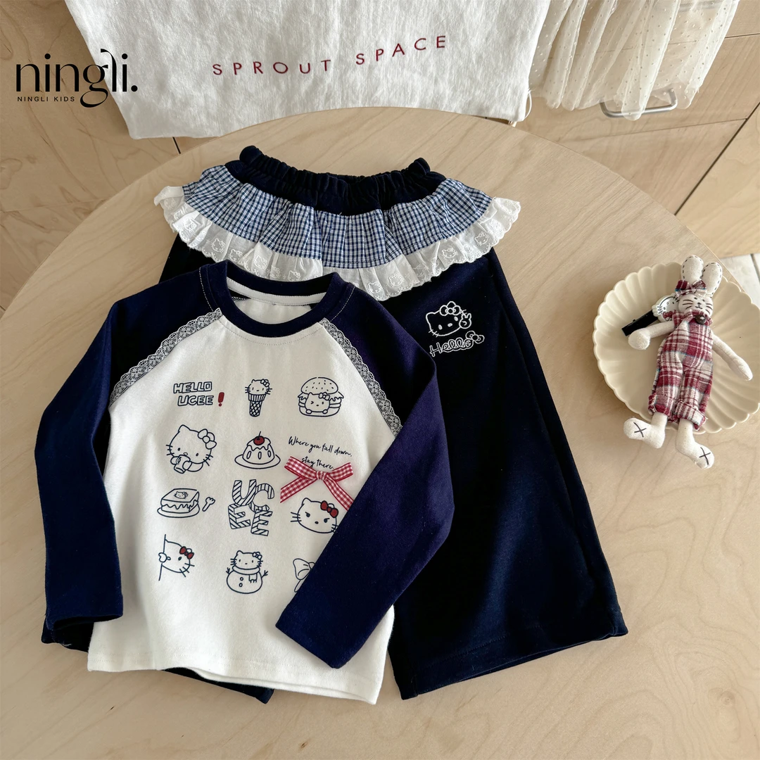 Budbebe女童韩系套装秋季新款百搭印花长袖花边休闲裤宝宝两件套