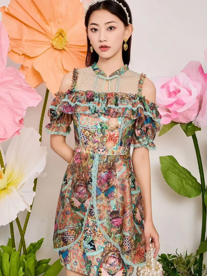 高级重工订珠碎花显瘦复古法式印花夏季时尚绿色连衣裙泡泡袖裙子