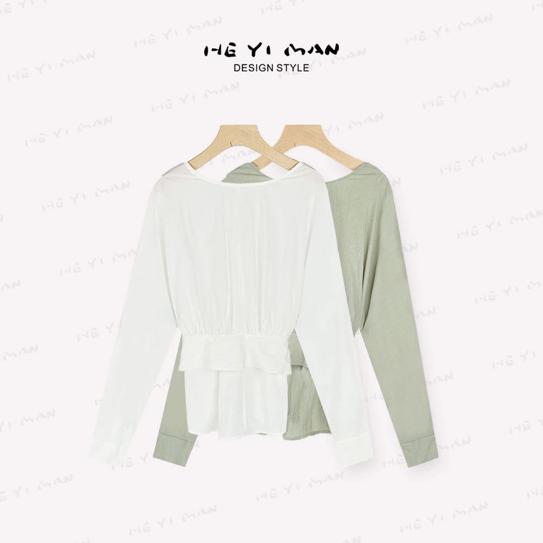 【何以慢】天丝混纺亲肤显瘦设计感绑带纯色上衣A1-A5358