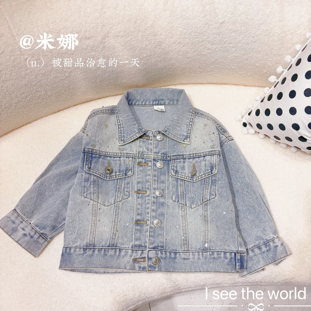 2025春季新款女童洋气可爱浅蓝色牛仔外套白色蕾丝花边吊带连衣裙