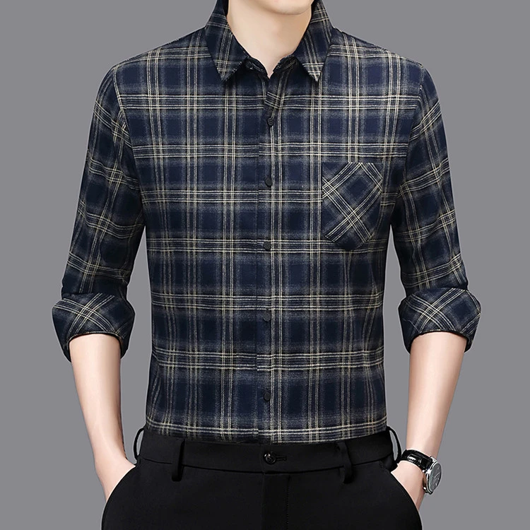高端时尚格纹长袖衬衣男装潮流韩版休闲复古衬衫秋季百搭磨毛上衣