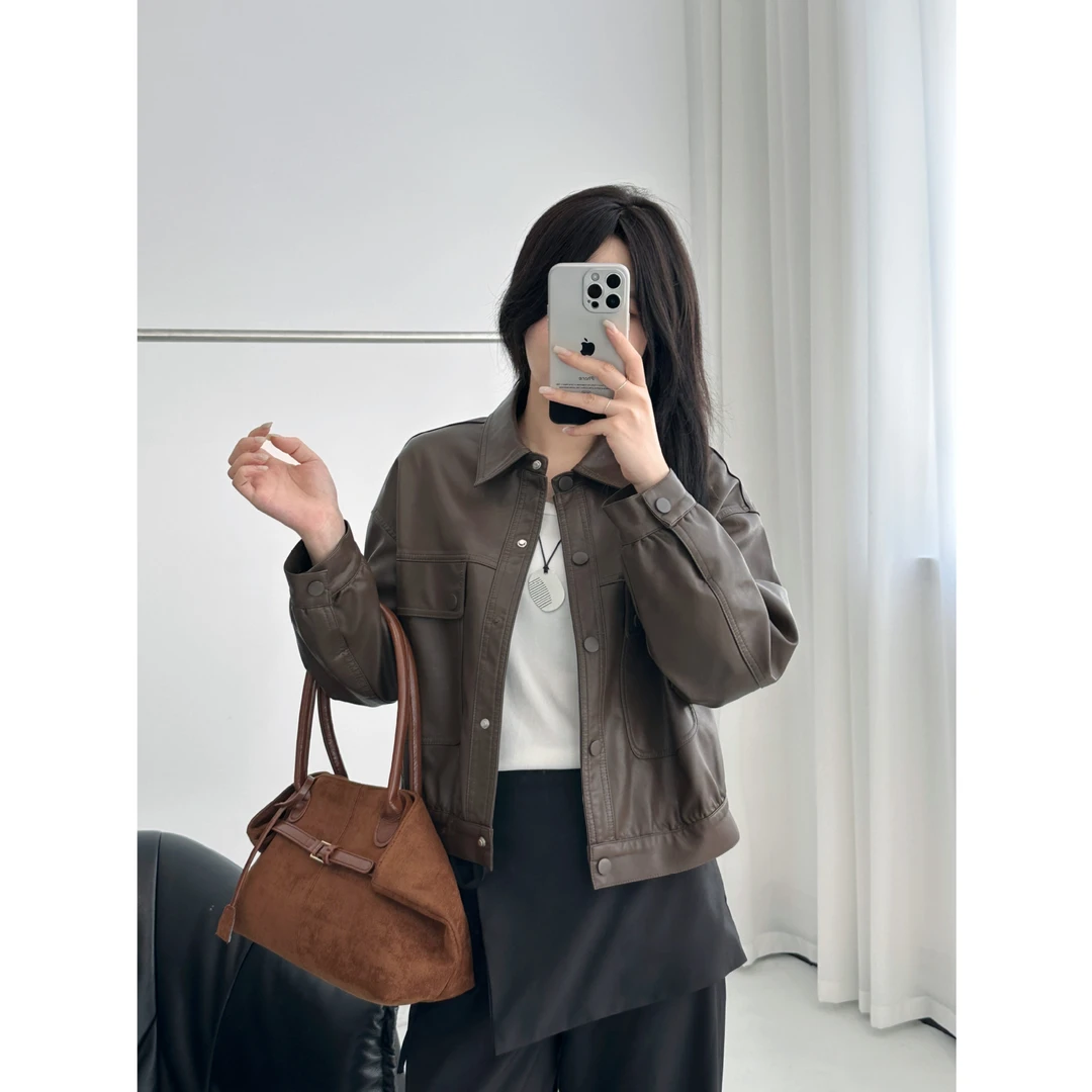 2025 秋装新款复古风短款皮衣外套女秋季百搭时尚上衣韩版休闲