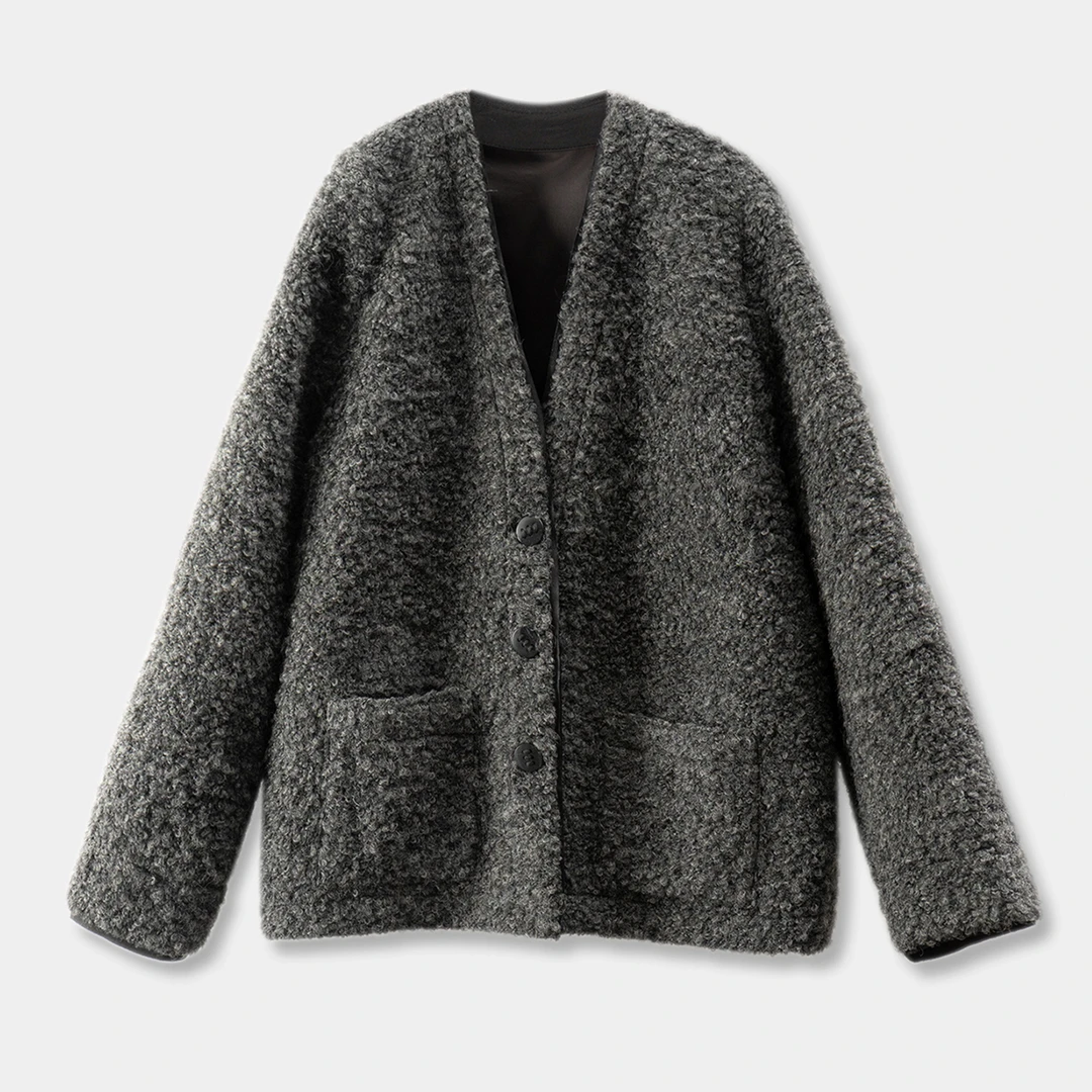 春天家 高级灰 慵懒松弛 法柜定织羊毛圈圈呢V领毛呢外套女74E7