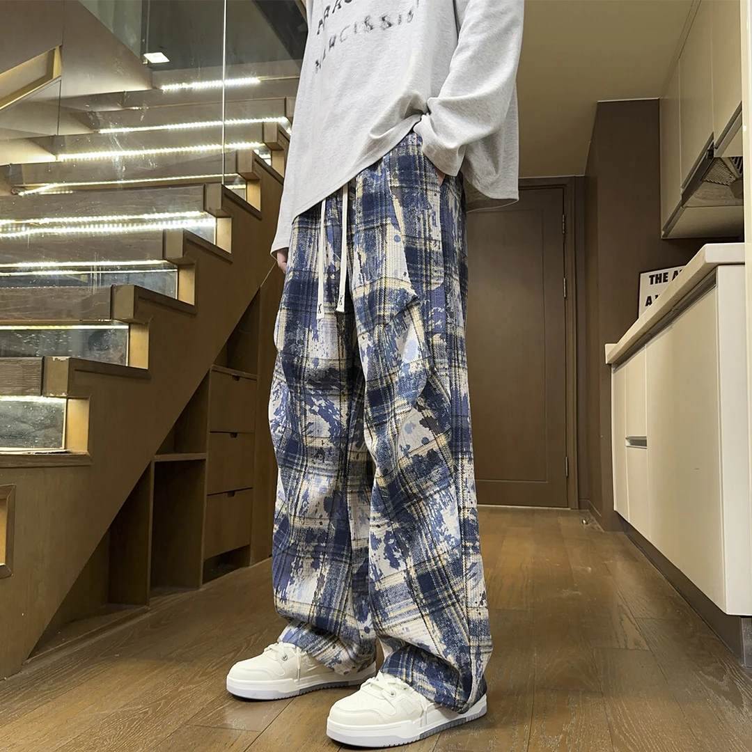 美式褶皱扎染格子裤子男士2025年新款宽松直筒休闲裤潮流高街长裤