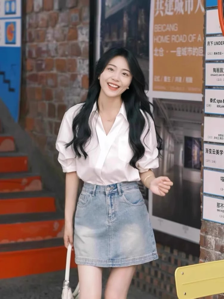 夏装搭配一整套装女夏款轻熟白色衬衫牛仔短裙梨型身材穿搭两件套