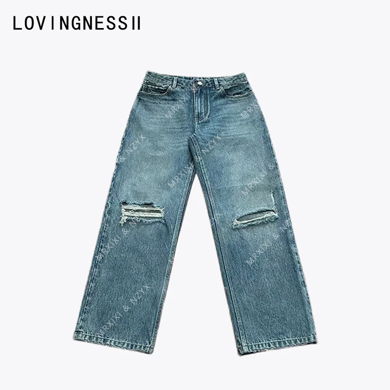 2025夏季新款小众设计水洗宽松显瘦做旧膝盖下破洞直筒牛仔长裤女