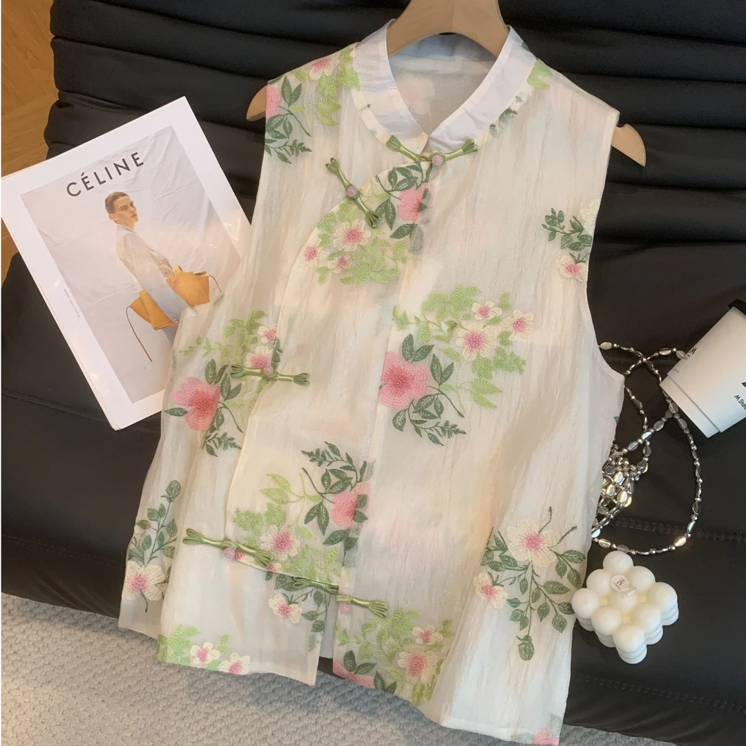 百搭无袖新款新中式薄款刺绣马甲背心女款立领国风气质坎肩上衣