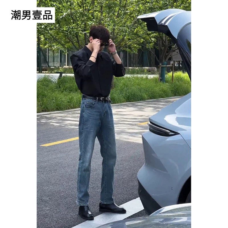 蓝灰色窄版直筒牛仔裤男款夏薄款美式复古显瘦裤子潮牌修身小脚裤