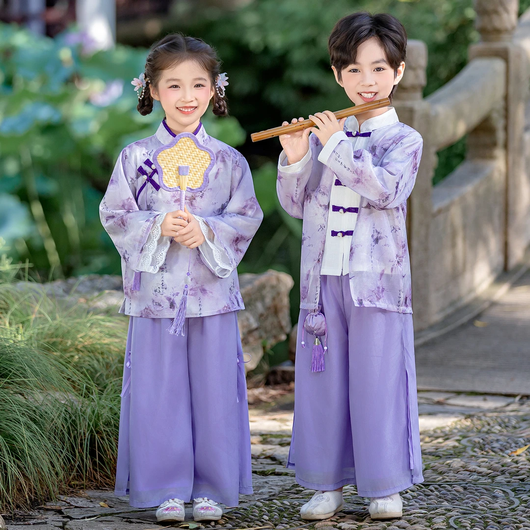 儿童中式国风改良汉服紫铃兰套装2025春秋古风时尚唐装国学表演服