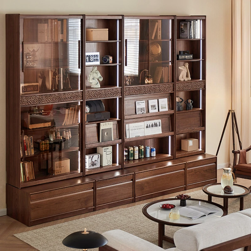 致典北美黑胡桃木书柜客厅满墙组合落地书架卡座书柜书橱储物柜