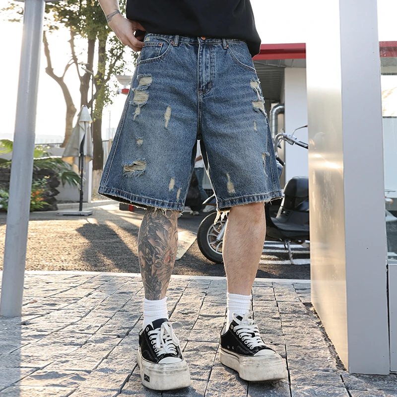 DAD 大牌同款夏季薄款潮牌破洞男女宽松牛仔中裤