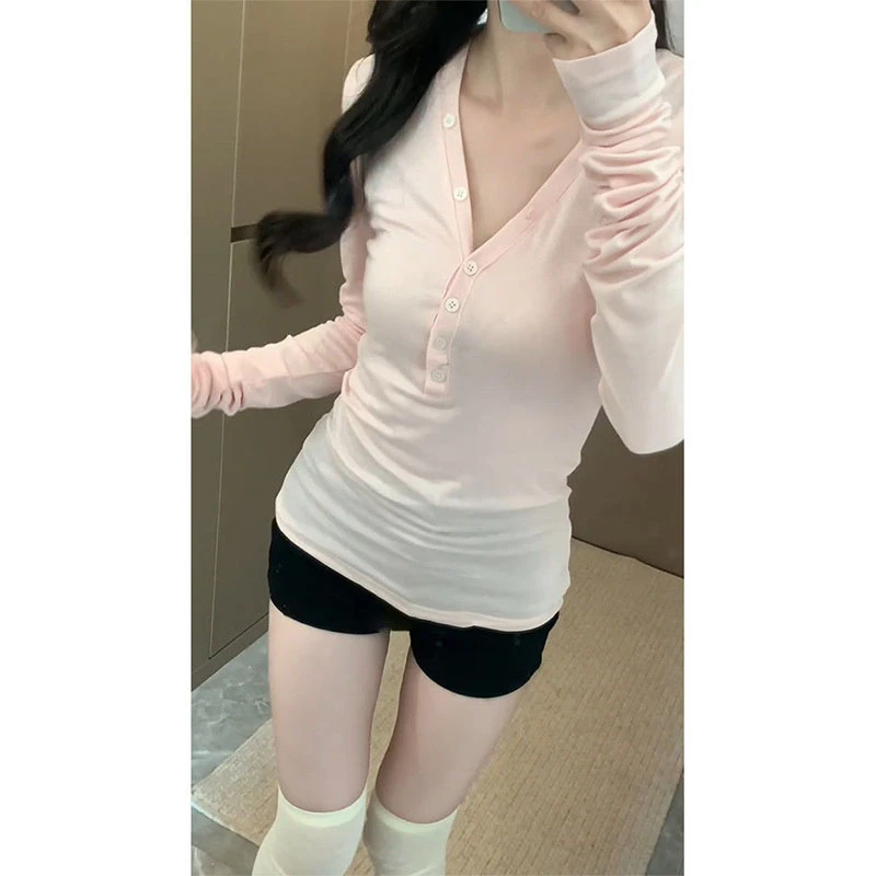 韩系chic设计感v领长袖T恤女春秋季简约高级感修身显瘦打底衫上衣