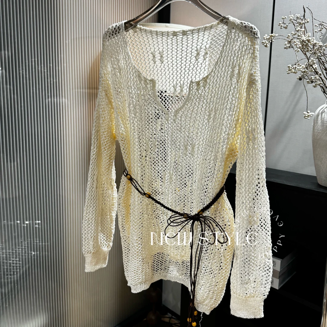 2025欧洲站春夏季新款时尚v领亚麻镂空针织衫宽松薄款防晒罩衫