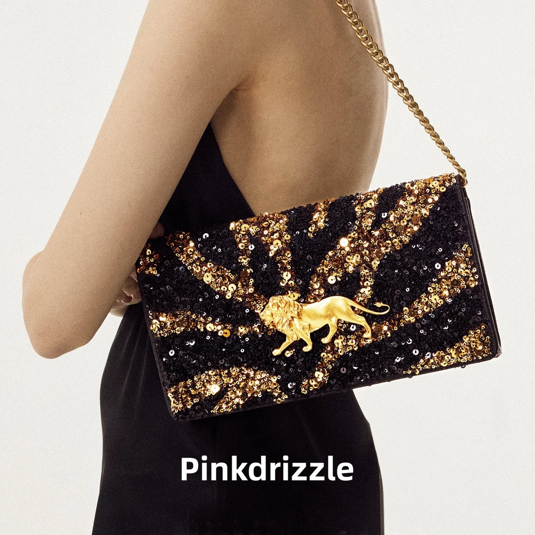 Pinkdrizzle鎏光金狮珠片手拿单肩包复古黑金高级感晚宴包