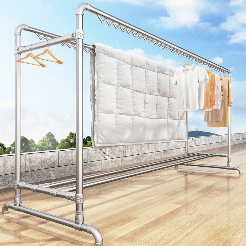 晾衣架落地双杆家用户外楼顶阳台防风加粗凉衣杆挂衣服晒被子神器