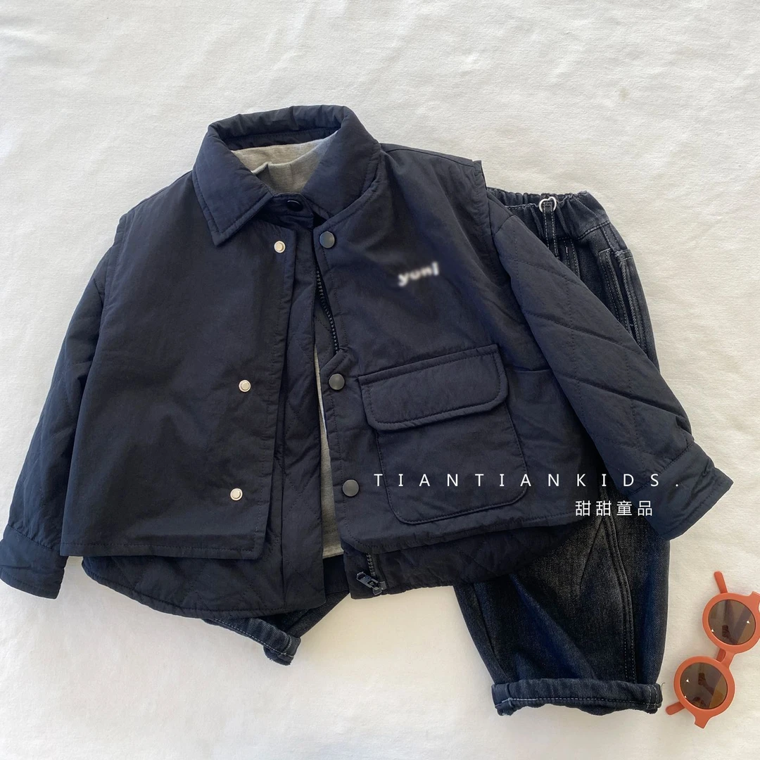 【我是小童】真两件绣花马甲棉外套男童秋冬百搭宽松翻领上衣加绒裤