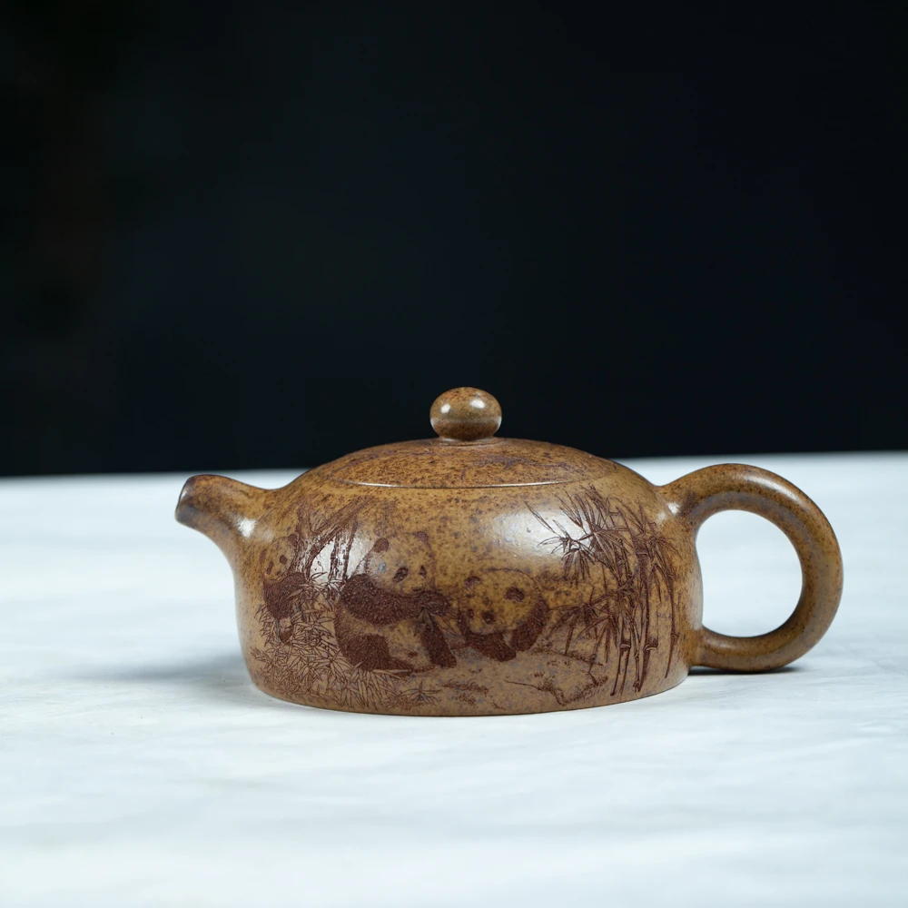 【宜品传砂】宜兴原矿手工制作茶具紫砂壶黄金段柴烧熊猫半月 200cc