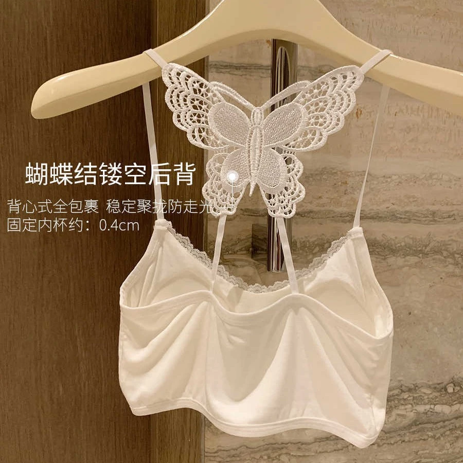 蕾丝边小吊带背心蝴蝶绣花美背裹胸带胸垫防走光内搭打底抹胸内衣