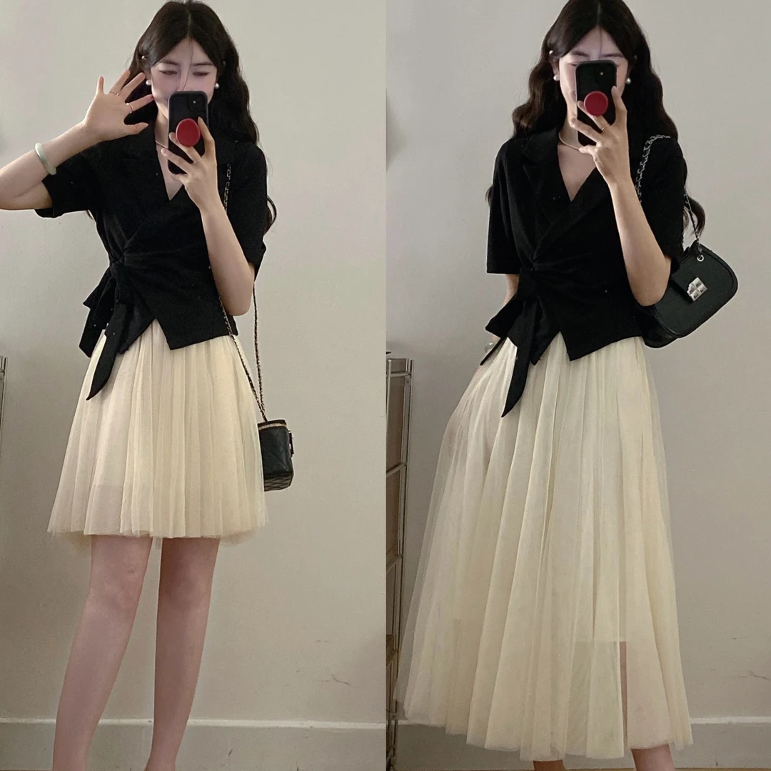 大码微胖定制秀场高定夏季小众设计感西装上衣A字纱裙洋气穿搭