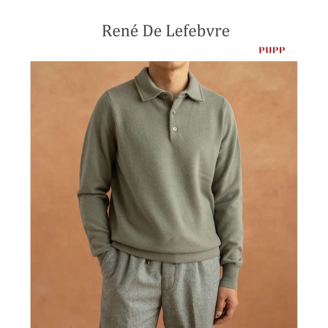 René De Lefebvre秋冬季长袖套头POLO领坑直摆纯色男士针织毛衣