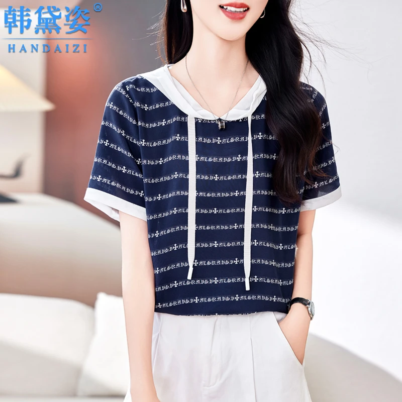 时尚百搭高级感双绉真丝上衣女短袖2025夏新款桑蚕丝T恤连帽小衫