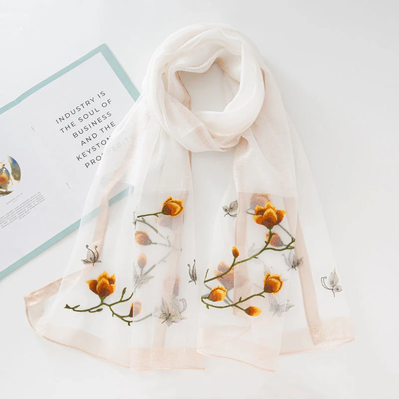 Y004白色【玉兰花】70*180高端奢品国风薄款丝巾女士清晕染